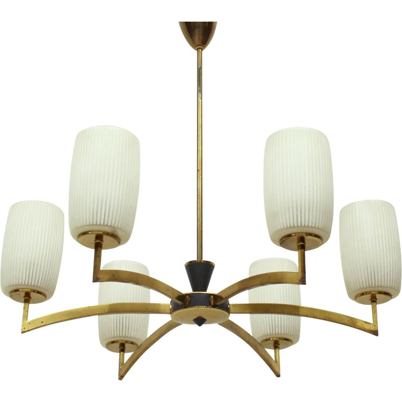 Vintage chandelier with 6 arms in brass and glass 1950s