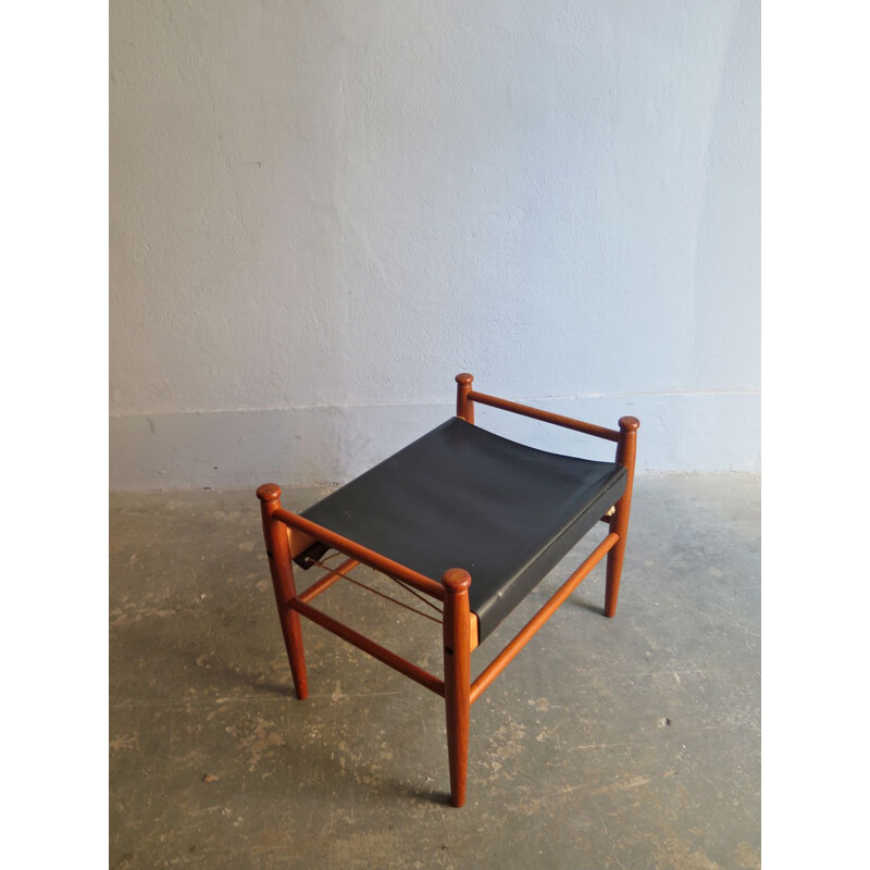 Vintage teak and black leather stool Denmark 1950s