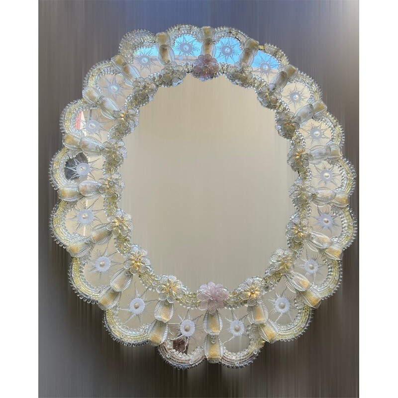 Espejo veneciano vintage de cristal de Murano con flores