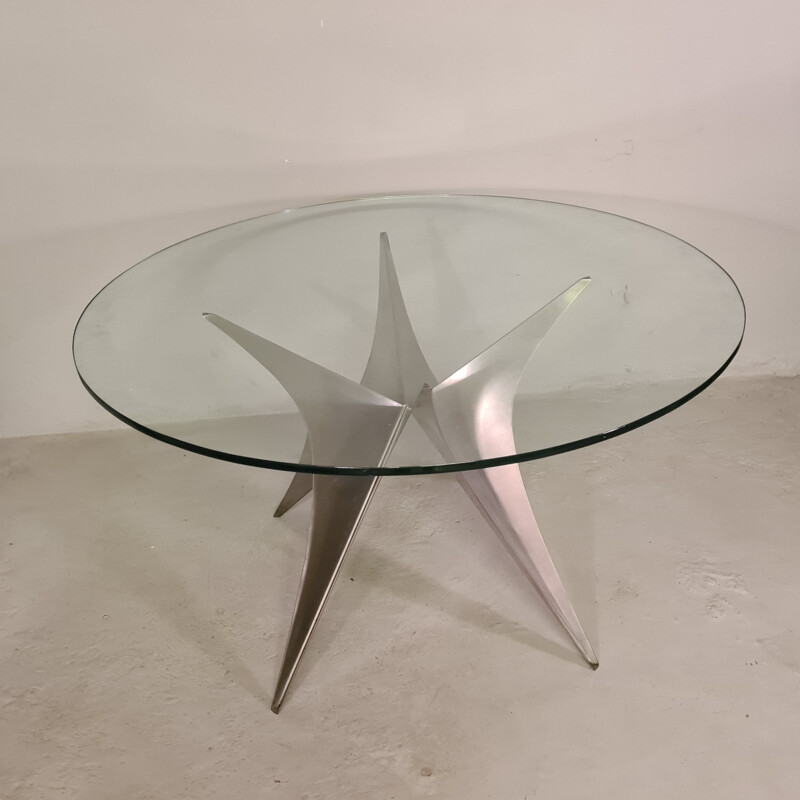 Table vintageen verre et acier brossé de Paul Le Geard 1970