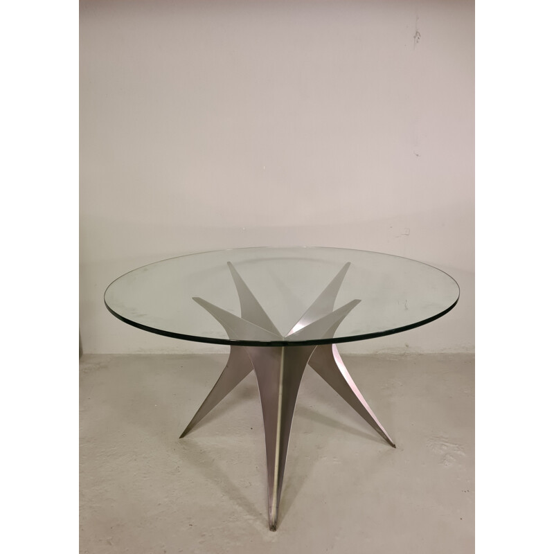 Vintage glass and brushed steel table by Paul Le Geard 1970s