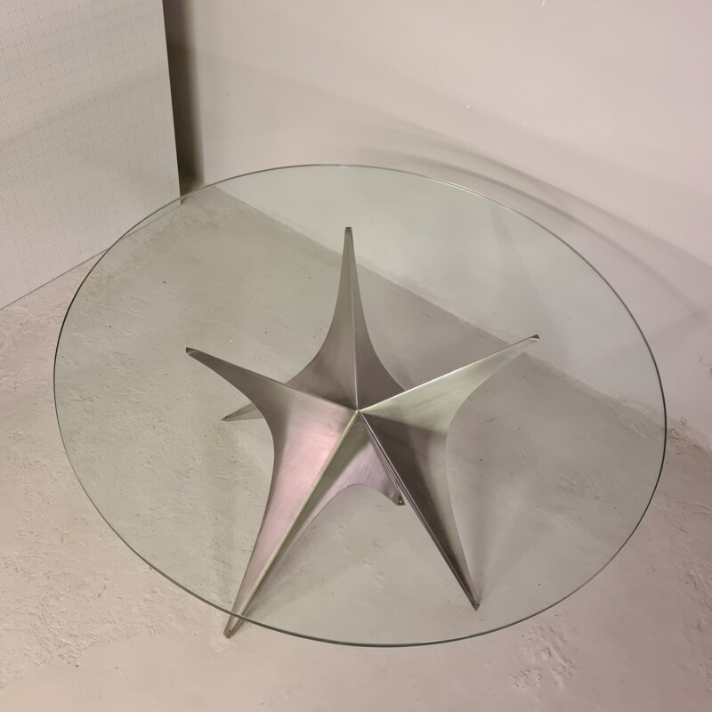 Vintage glass and brushed steel table by Paul Le Geard 1970s