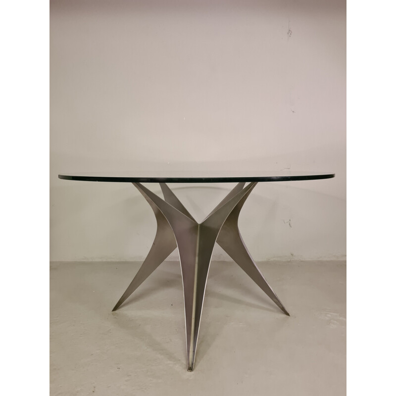 Vintage glass and brushed steel table by Paul Le Geard 1970s