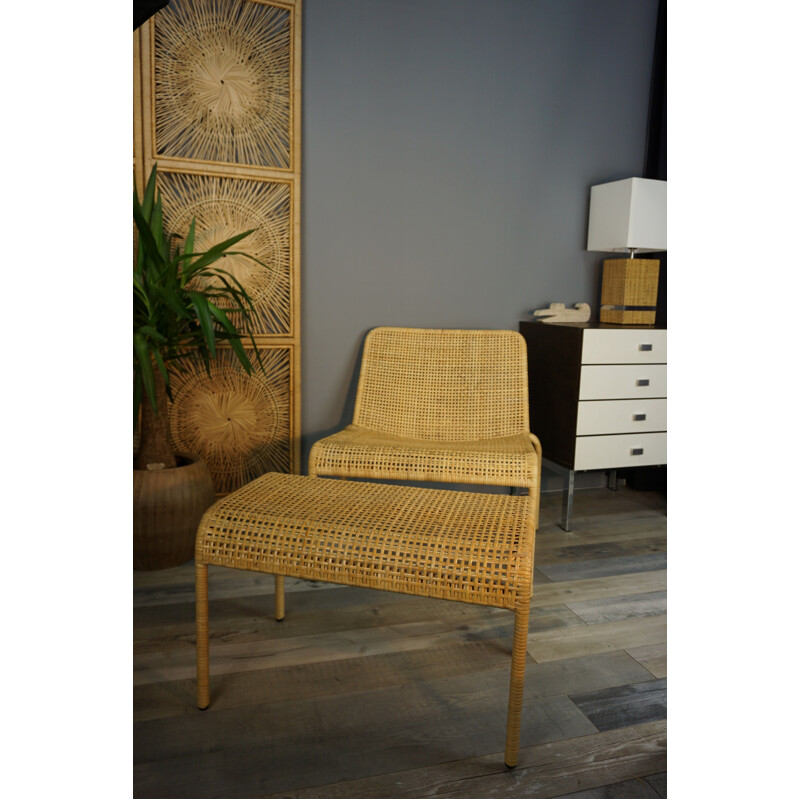 Vintage rattan lounge chair and its matching ottoman