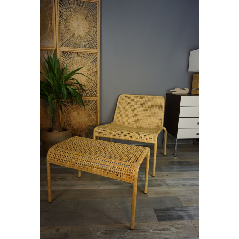 Vintage rattan lounge chair and its matching ottoman