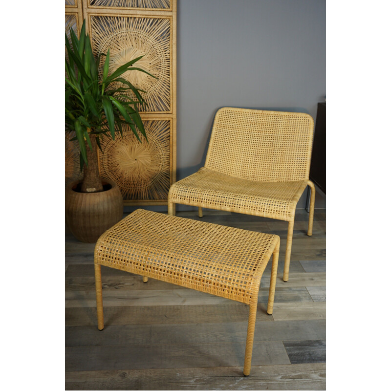 Vintage rattan lounge chair and its matching ottoman