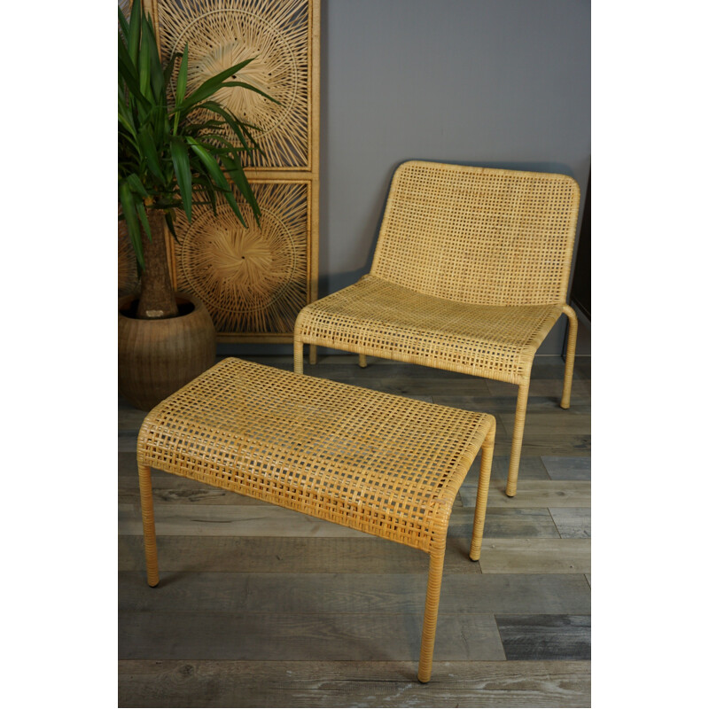 Vintage rattan lounge chair and its matching ottoman