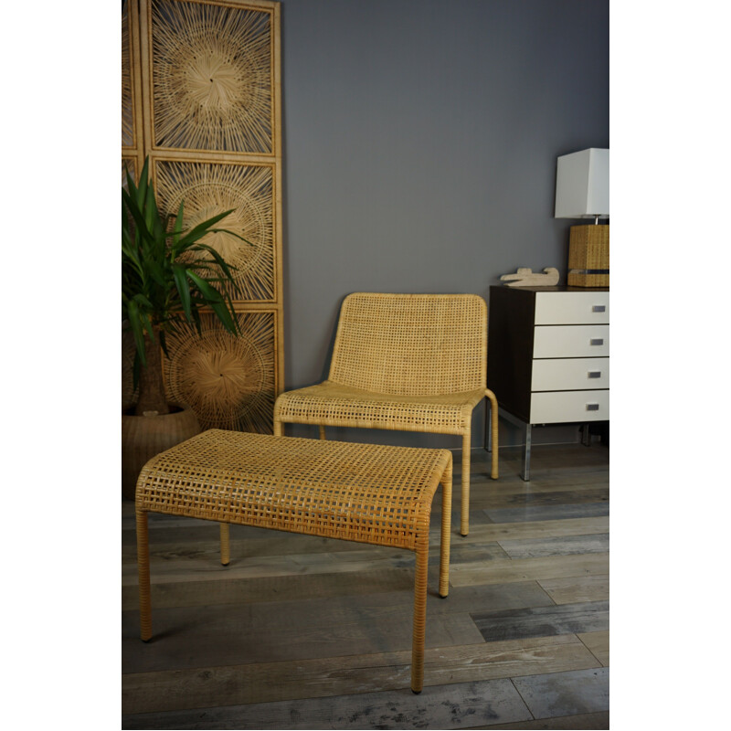 Vintage rattan lounge chair and its matching ottoman