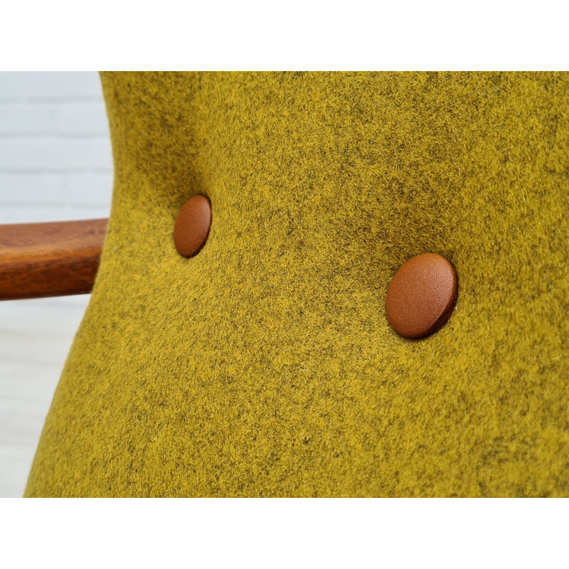 Vintage high back armchair in yellow felted woolen upholstery