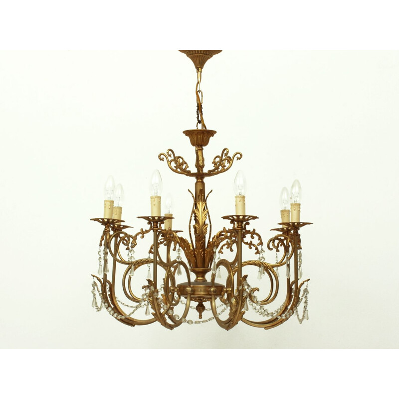 Vintage 8 arms brass and glass chandelier, 1960