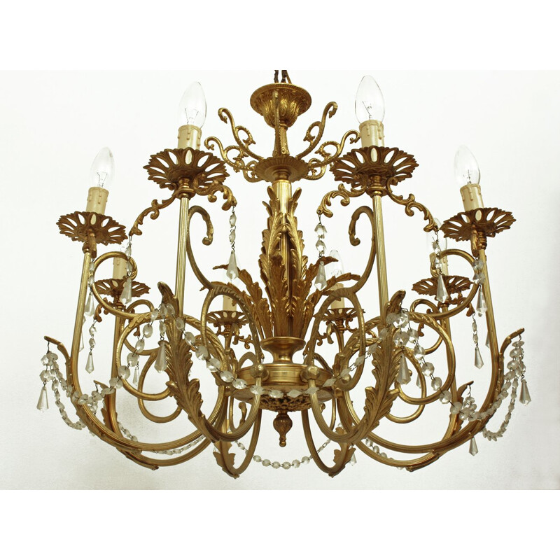 Vintage 8 arms brass and glass chandelier, 1960