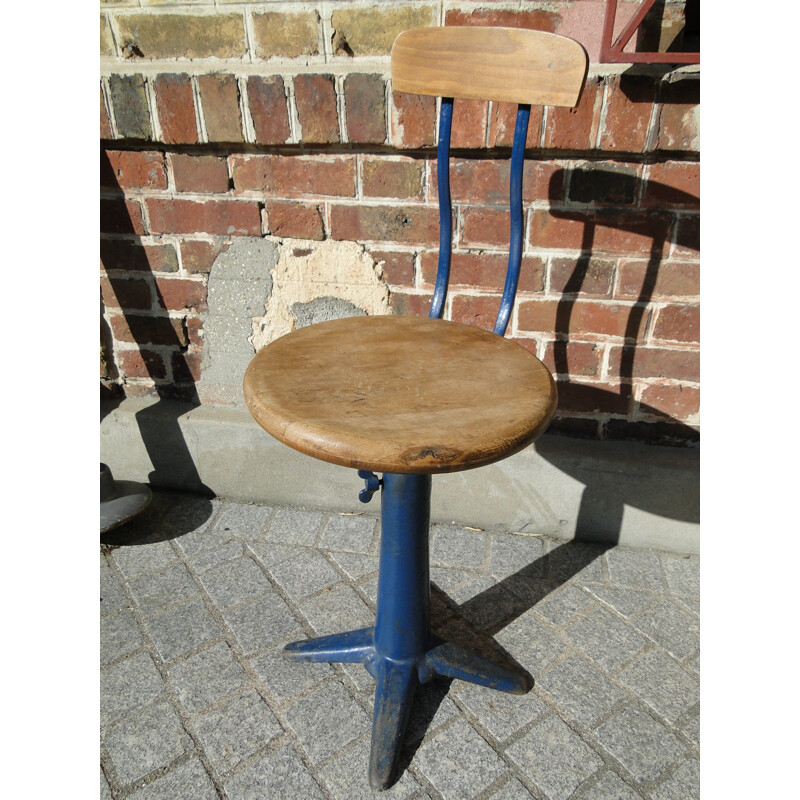 Machinist Singer chair in oakwood and blue metal - 1930s