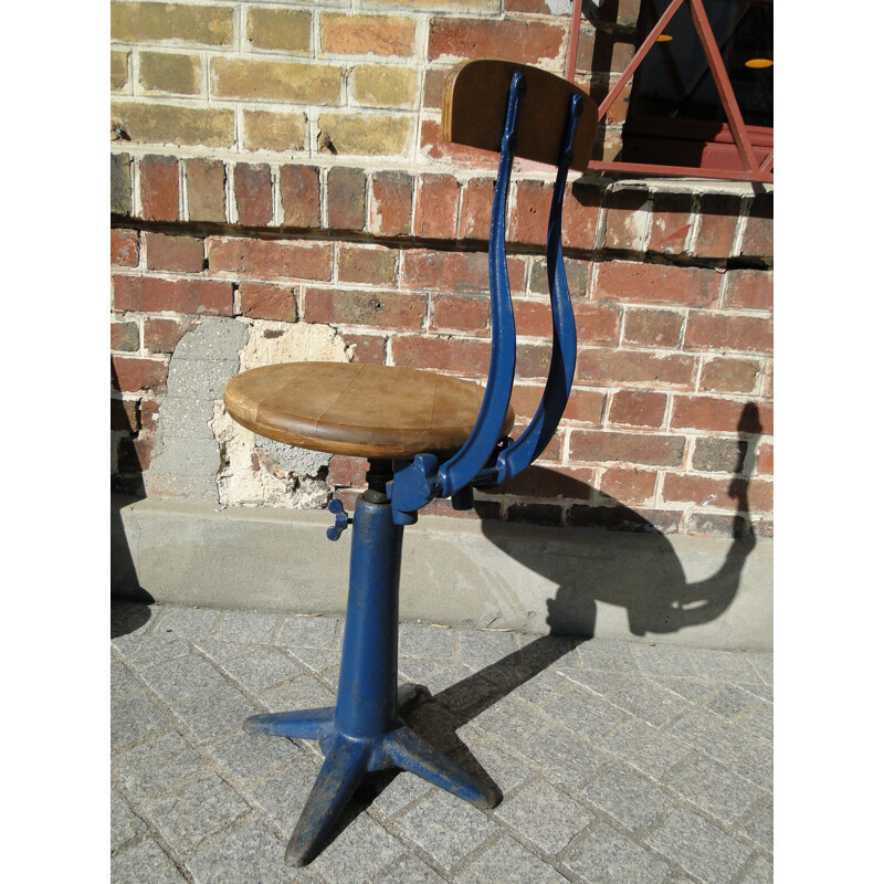 Machinist Singer chair in oakwood and blue metal - 1930s
