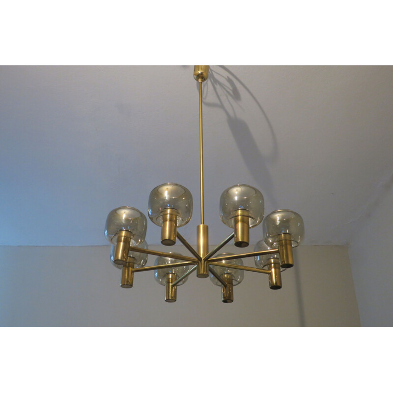 Vintage large chandelier with 8 arms in brass and glass 