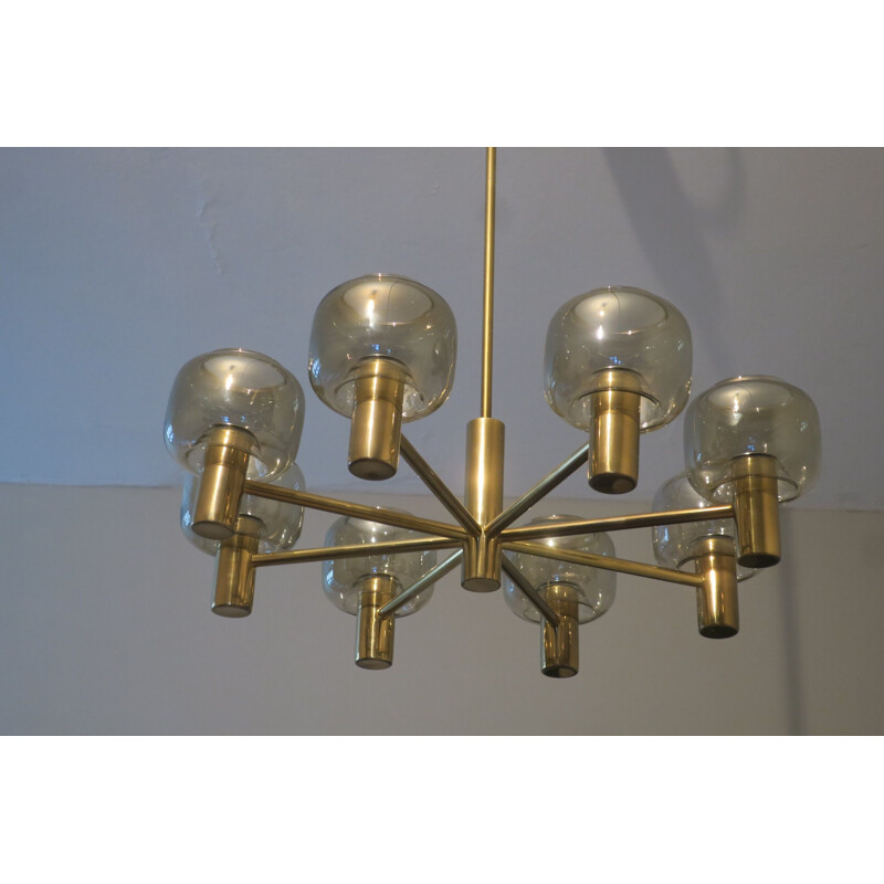 Vintage large chandelier with 8 arms in brass and glass 