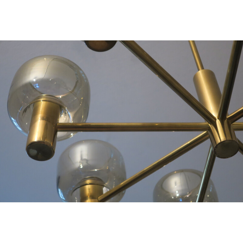 Vintage large chandelier with 8 arms in brass and glass 