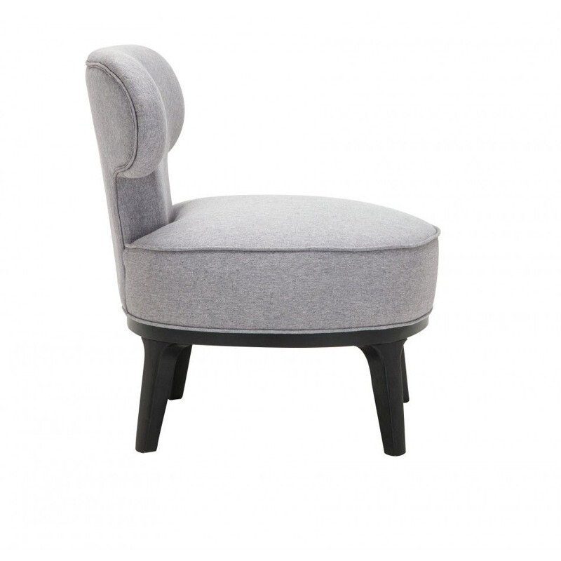 Fauteuil lounge vintage tissu gris et bois laqué noir