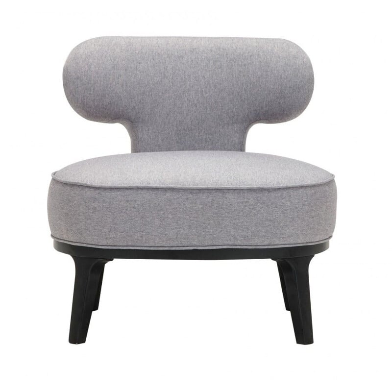 Fauteuil lounge vintage tissu gris et bois laqué noir