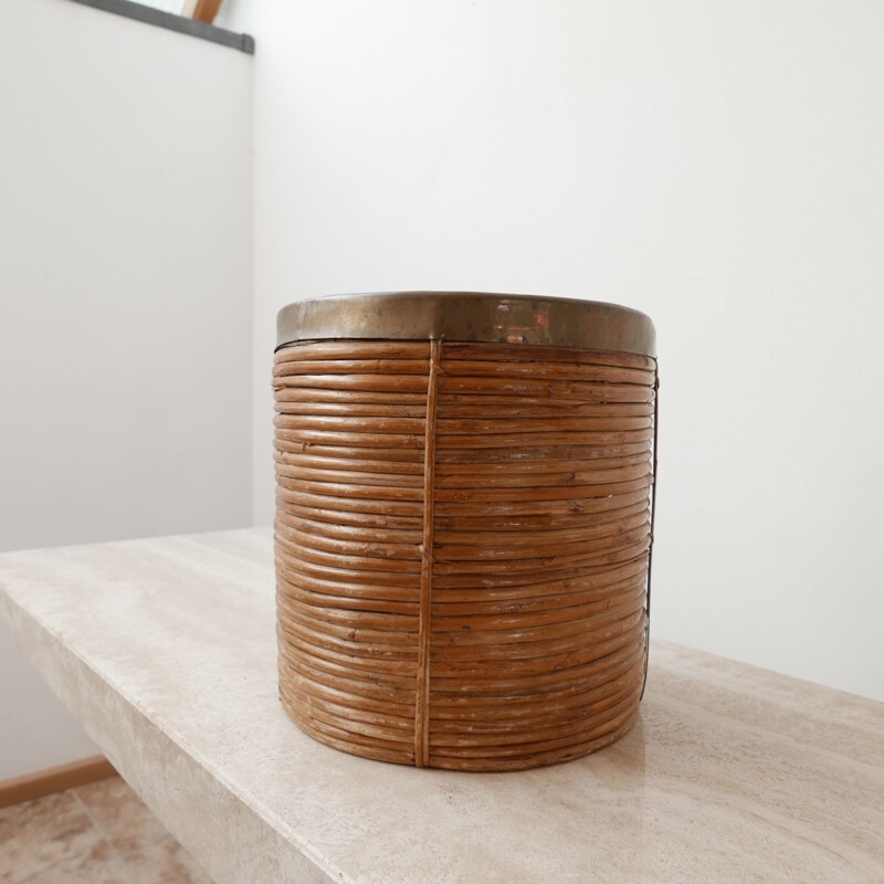 Set of 3 vintage wicker and brass bowls and bins France 1950s