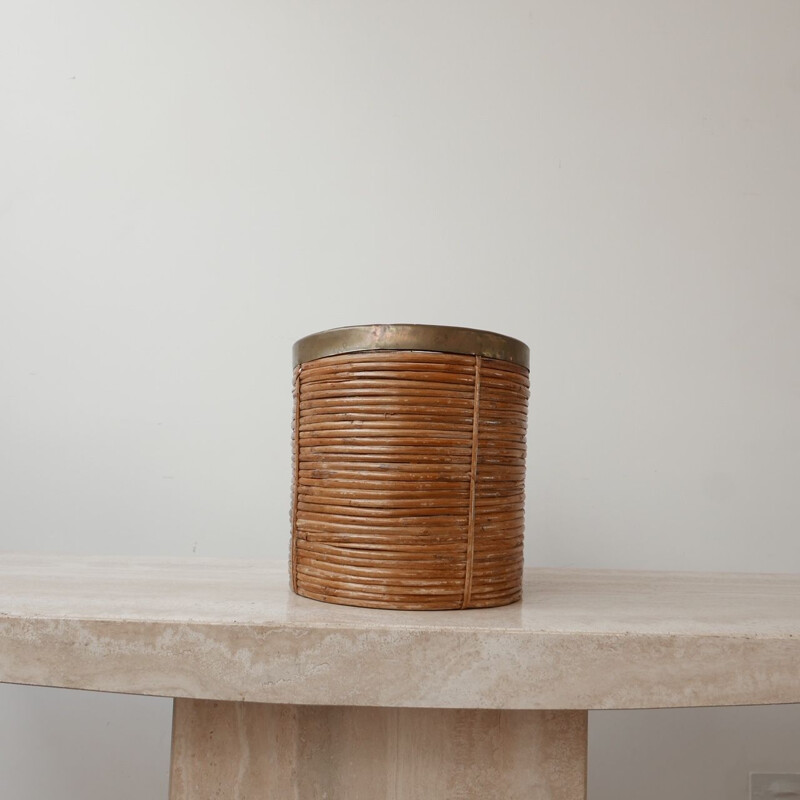 Set of 3 vintage wicker and brass bowls and bins France 1950s