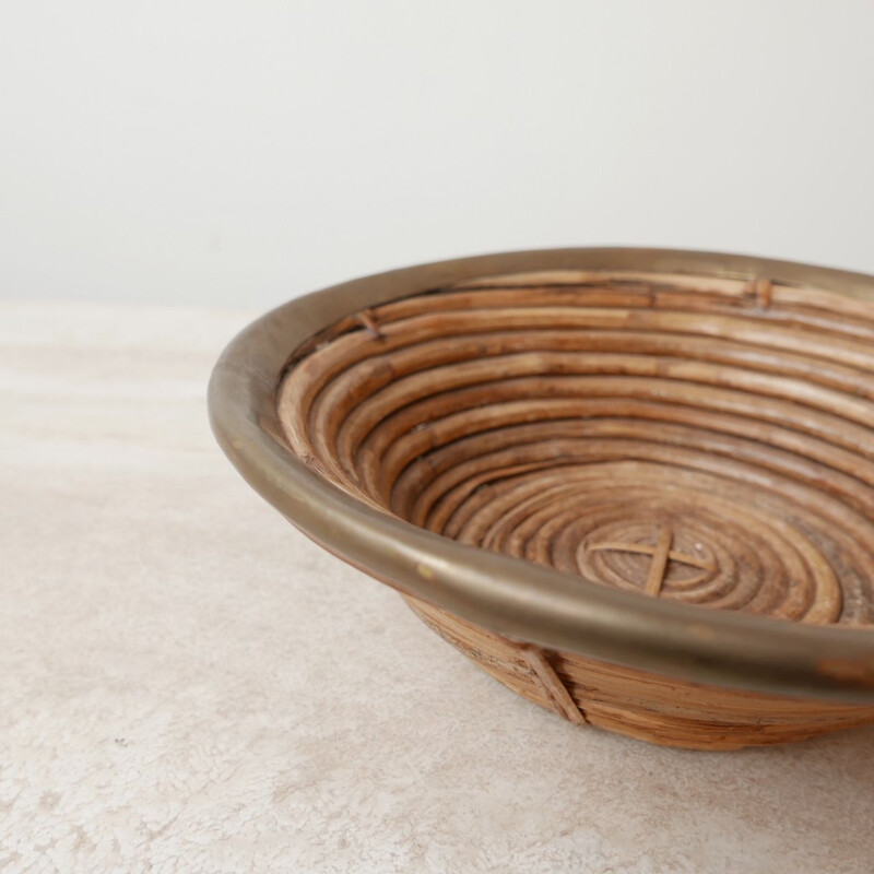 Set of 3 vintage wicker and brass bowls and bins France 1950s