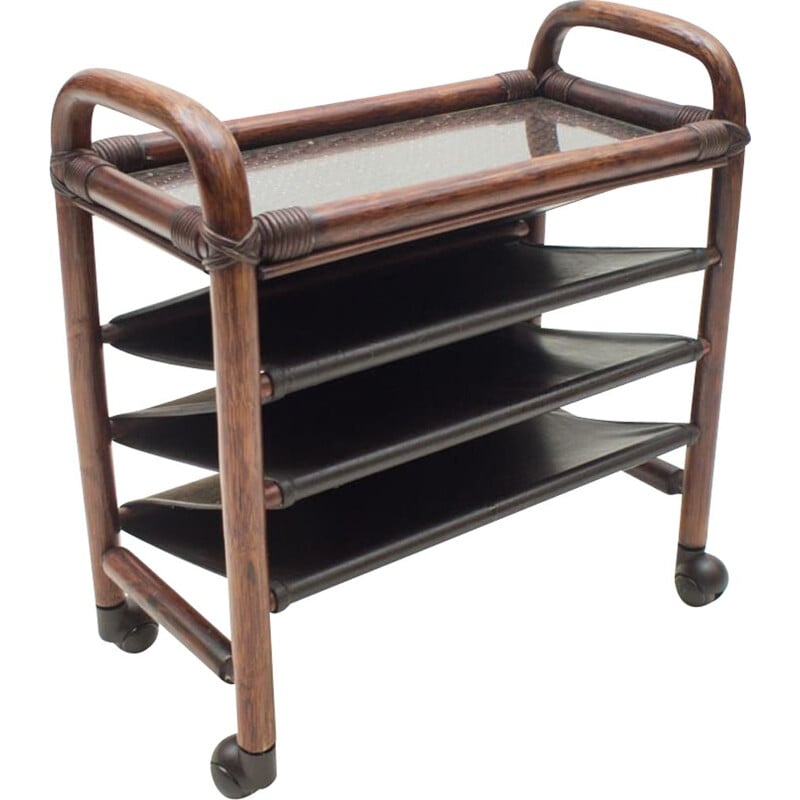 Vintage bamboo and leather newspaper cart with shelf 1970s