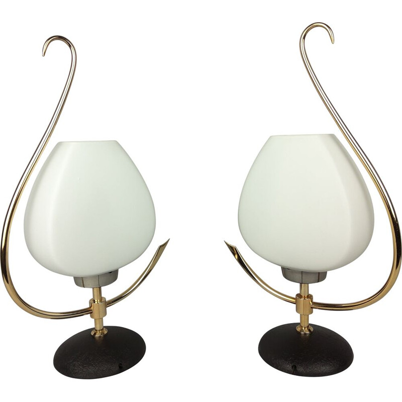 Pair of vintage opaline and brass lamps, 1960