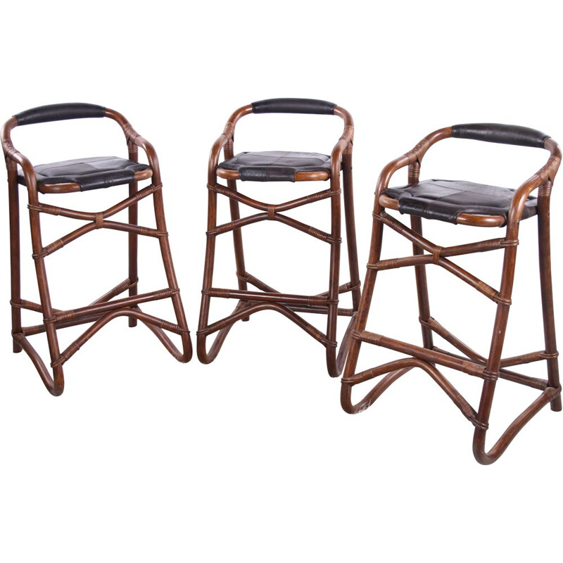 Set of 3 vintage bamboo bar stools from Horsnaes Denmark 1970s