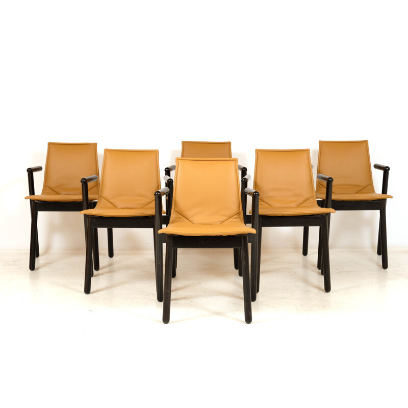 Set of 6 vintage leather and wood chairs Cassina 1980s