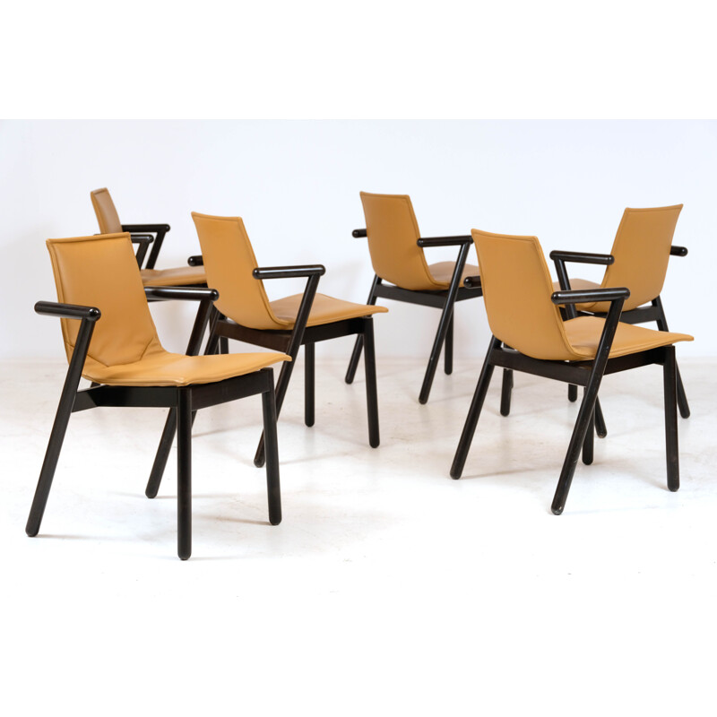 Ensemble de 6 chaises vintage cuir et bois Cassina 1980