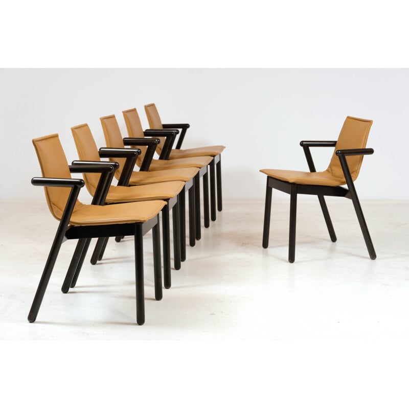 Set of 6 vintage leather and wood chairs Cassina 1980s