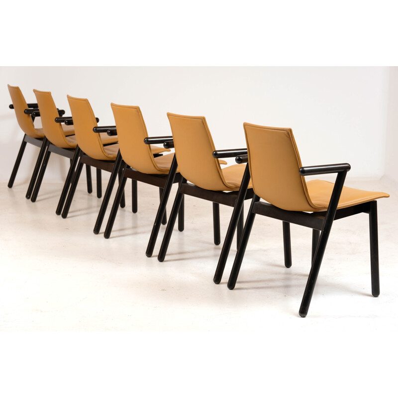 Set of 6 vintage leather and wood chairs Cassina 1980s