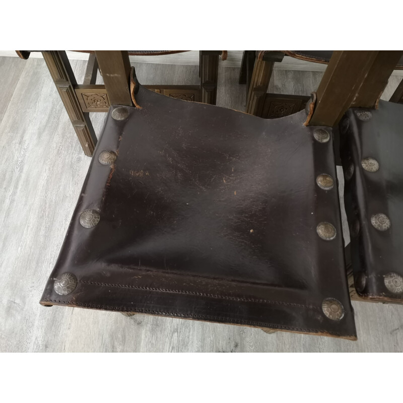 Chaise de chevalier vintage en cuir de noyer massif trône