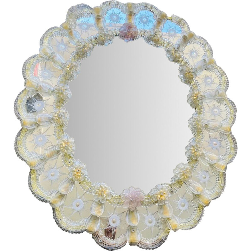 Miroir vintage vénitien en verre à fleurs de Murano
