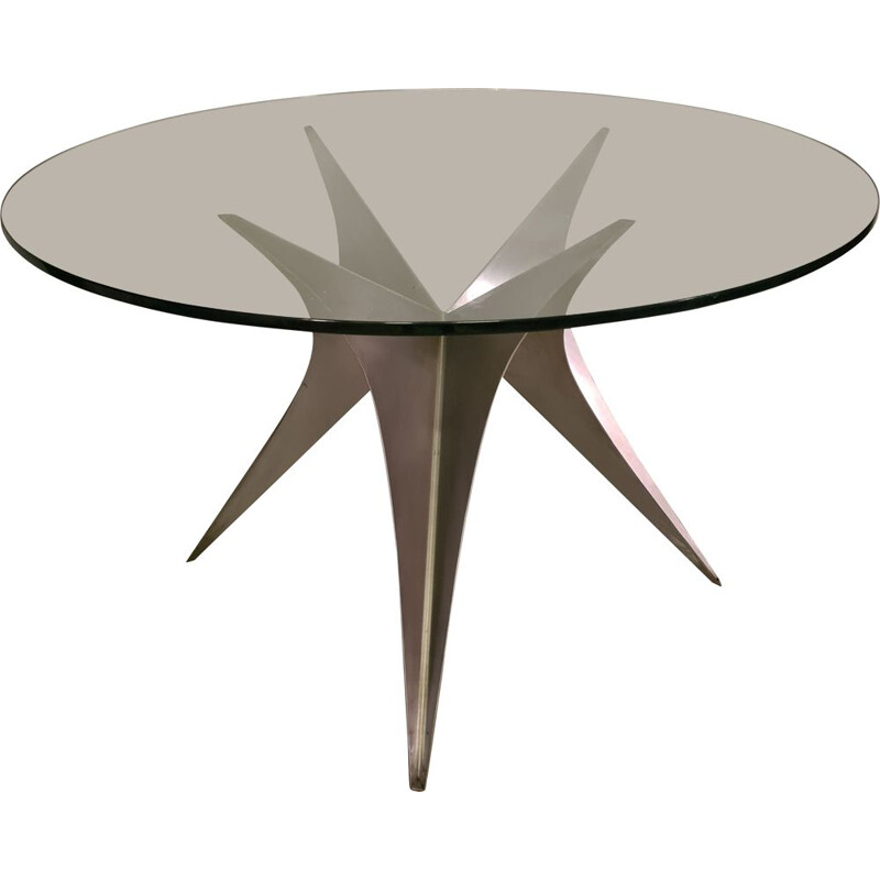 Vintage glass and brushed steel table by Paul Le Geard 1970s