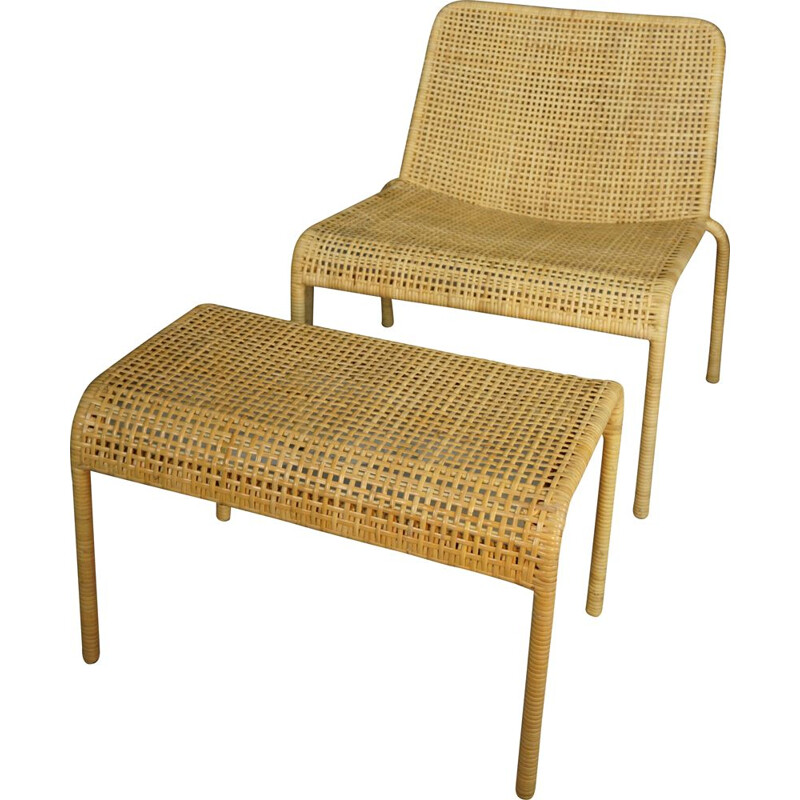 Vintage rattan lounge chair and its matching ottoman