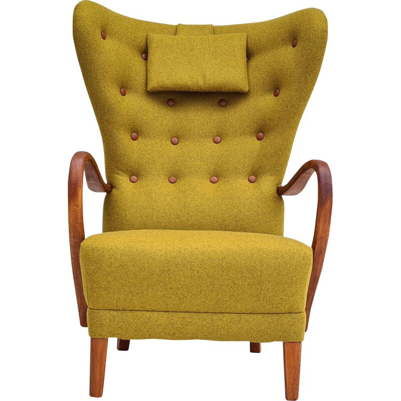 Fauteuil à haut dossier vintage en tissu de laine d'ameublement jaune feutré