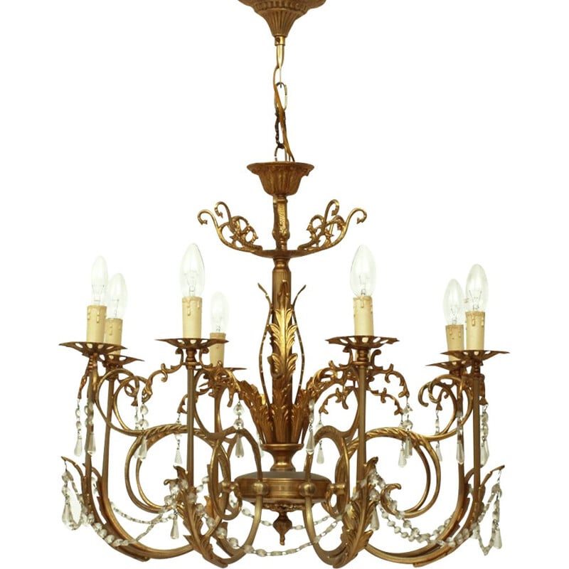 Vintage 8 arms brass and glass chandelier, 1960