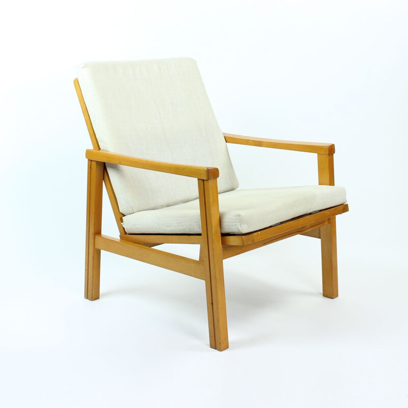 Vintage armchair in blond wood and linen cushions by Ton Czechoslovakia 1960s