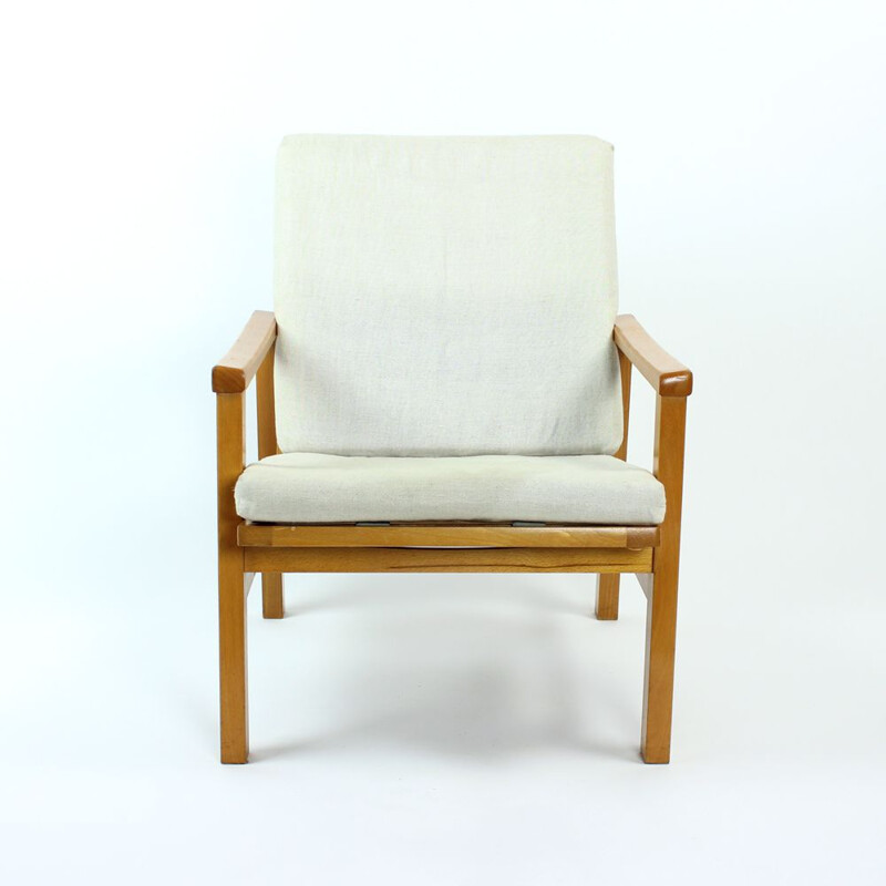 Vintage armchair in blond wood and linen cushions by Ton Czechoslovakia 1960s