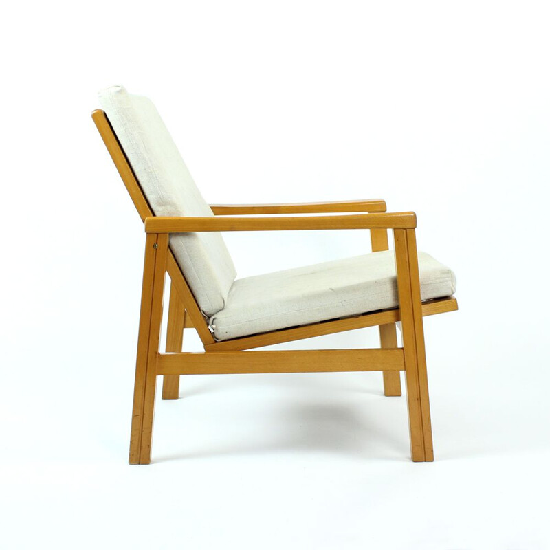Vintage armchair in blond wood and linen cushions by Ton Czechoslovakia 1960s