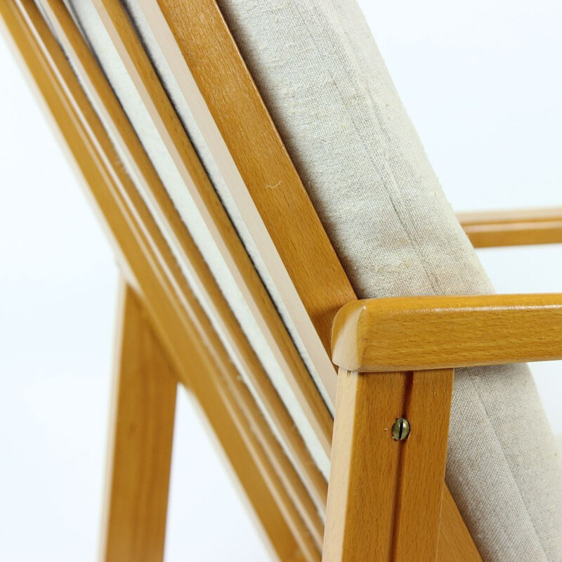 Vintage armchair in blond wood and linen cushions by Ton Czechoslovakia 1960s