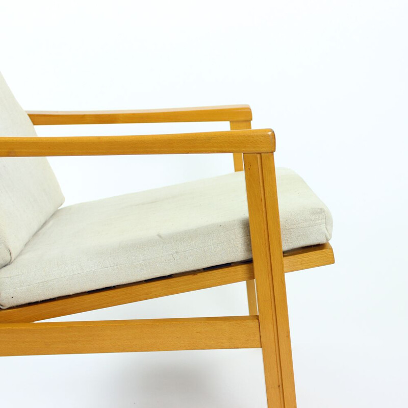 Vintage armchair in blond wood and linen cushions by Ton Czechoslovakia 1960s