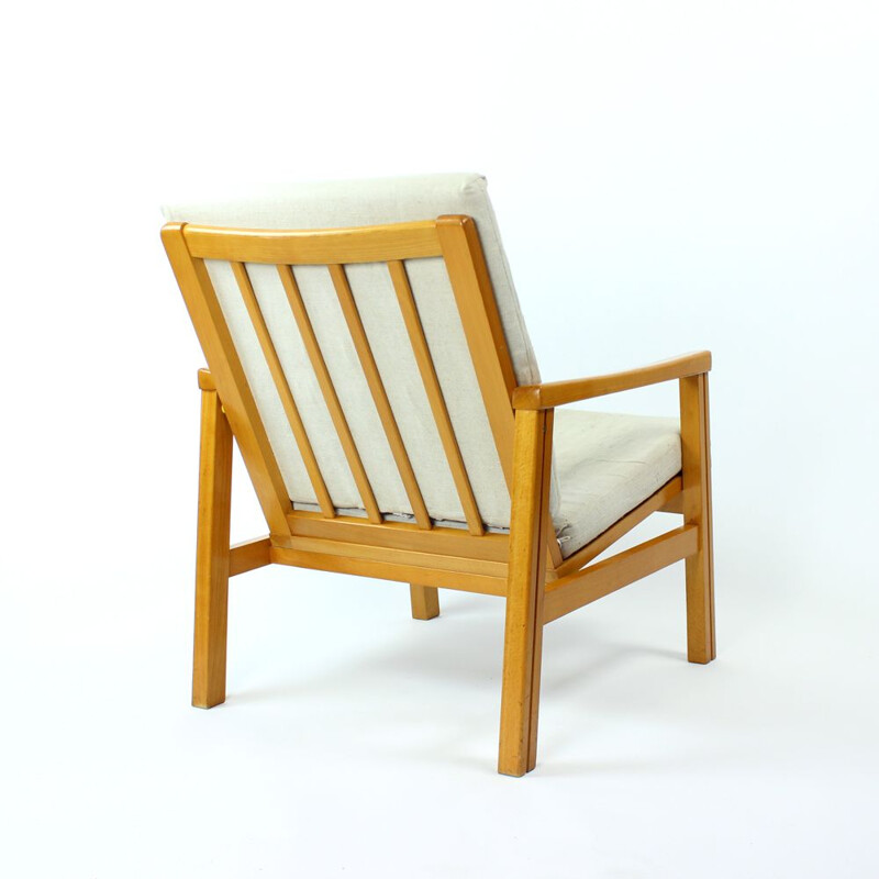 Vintage armchair in blond wood and linen cushions by Ton Czechoslovakia 1960s