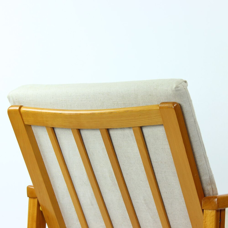 Vintage armchair in blond wood and linen cushions by Ton Czechoslovakia 1960s