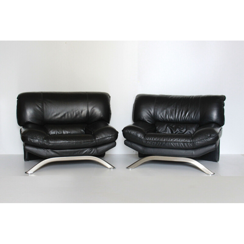 Poltronas de couro preto Vintage 1980