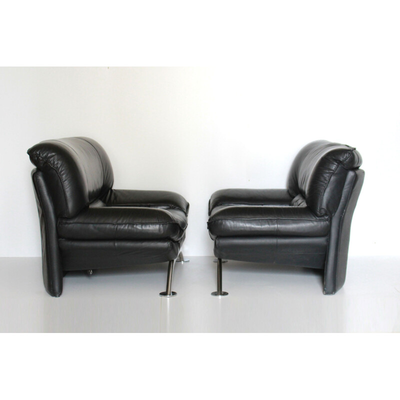 Vintage zwart lederen fauteuils 1980