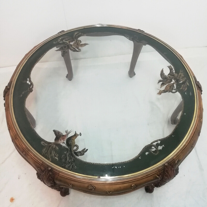 Vintage circular walnut coffee table with painted glass top, Spain 1950