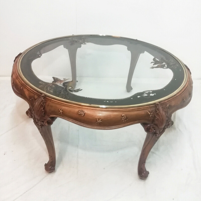Vintage circular walnut coffee table with painted glass top, Spain 1950
