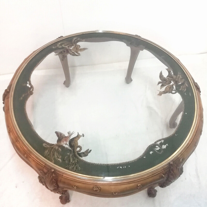 Vintage circular walnut coffee table with painted glass top, Spain 1950